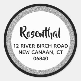 Sticker Rond Adresse de Retour Pailletée Simple Noir et Argent