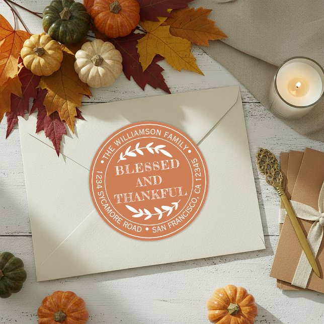 Sticker Rond Adresse de retour pour un joyeux Thanksgiving Oran (Créateur téléchargé)