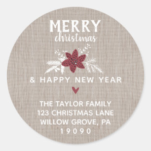 Sticker Rond Adresse de retour rustique rouge de Joyeux Noël