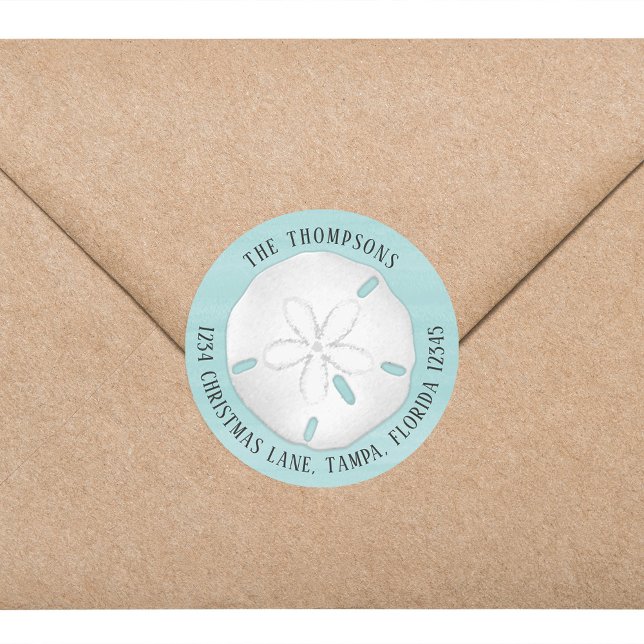 Sticker Rond Adresse de retour simple Plage sable turquoise Dol (Simple beach tropical sand dollar return address circle sticker labels. )
