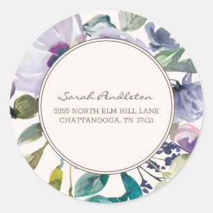 Sticker Rond Adresse florale aquarelle pourpre lilas Bohème