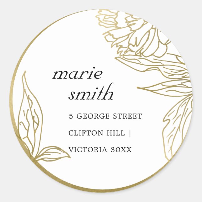 STICKER ROND ADRESSE FLORALE ÉLÉGANTE LUXE CLASSY GOLD FOIL (Devant)