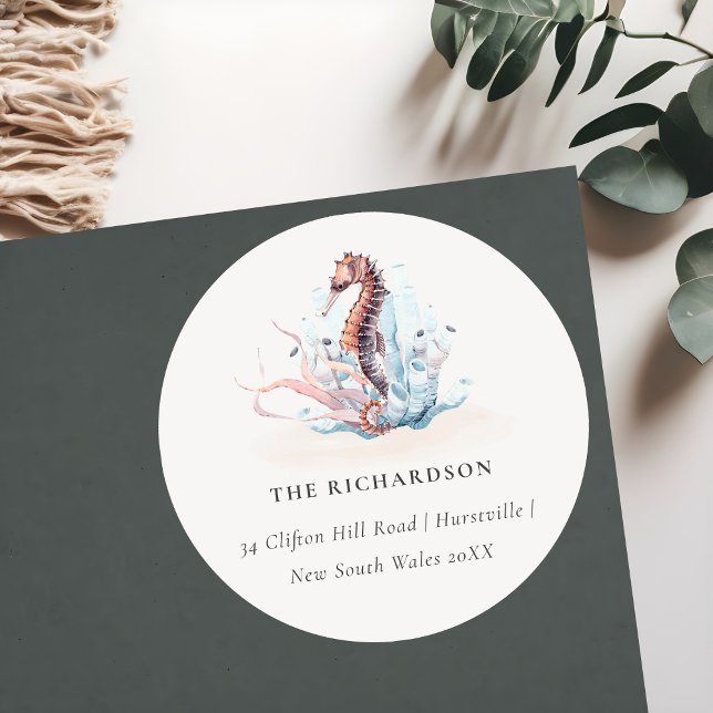 Sticker Rond Adresse Hippocampe Algue Corail Sous-Marin (Créateur téléchargé)