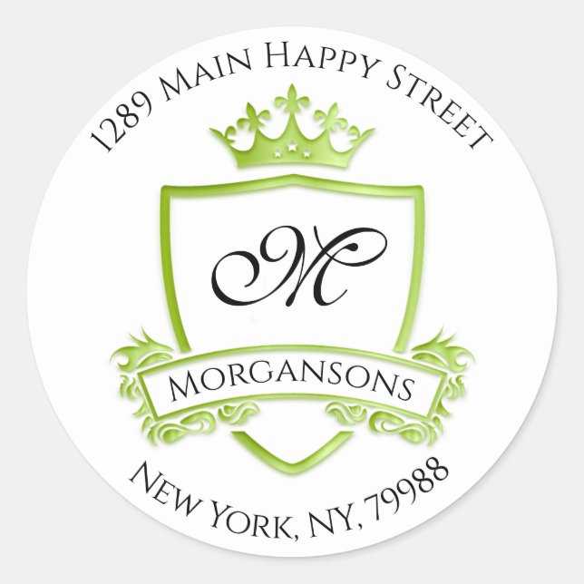 Sticker Rond Adresse monogramme Couronne royale blanche verte R (Devant)