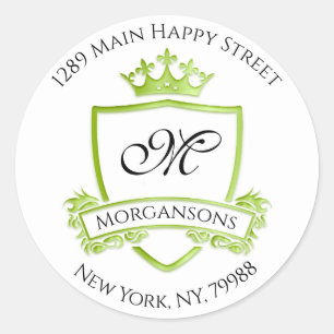 Sticker Rond Adresse monogramme Couronne royale blanche verte R