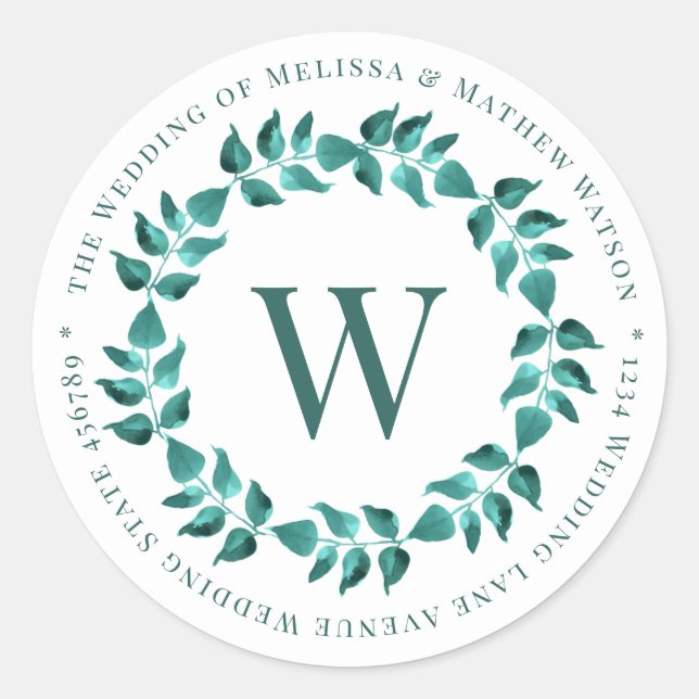Sticker Rond Adresse Monogramme Wreath Turquoise Mariage Envelo (Devant)