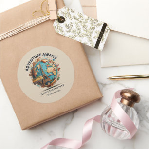 Sticker Rond Adventure Await Modern Globe Baby shower