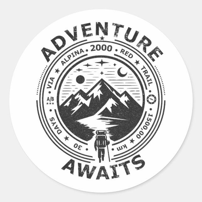 Sticker Rond Adventure Awaits - Black in white (Devant)