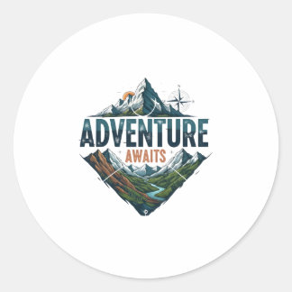 Sticker Rond Adventure Awaits Peaks & Valleys Classic Stickers.