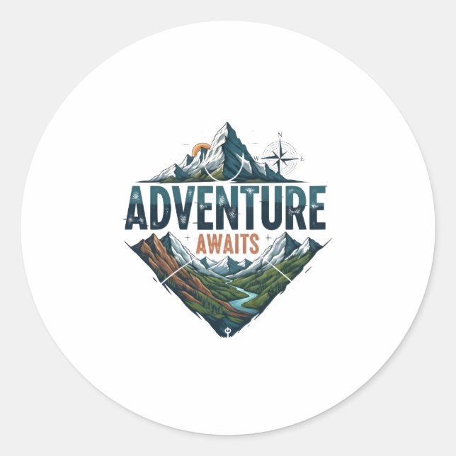 Sticker Rond Adventure Awaits Peaks & Valleys Classic Stickers. (Devant)