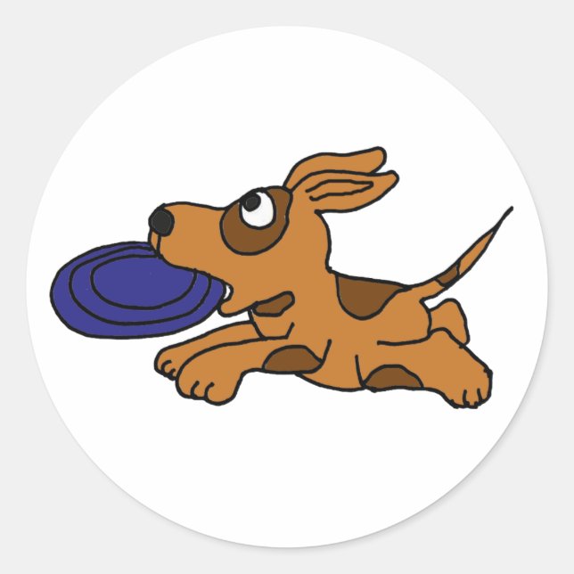 Sticker Rond AE- Drôle Brown Chien Chien Cochant Frisbee (Devant)
