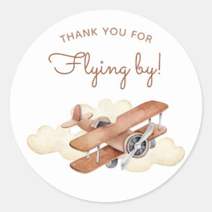 Sticker Rond Aéronef vintage Biplane Boy's Birthday Favor
