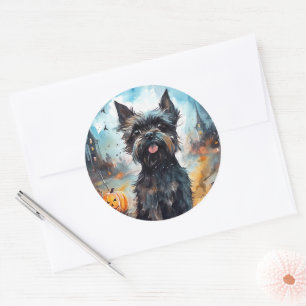 Sticker Rond Affenpinscher Halloween avec citrouilles effrayant