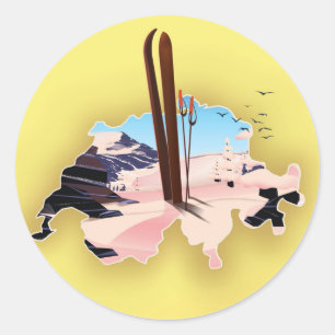 Sticker Rond Affiche de voyage de ski carte de Suisse.