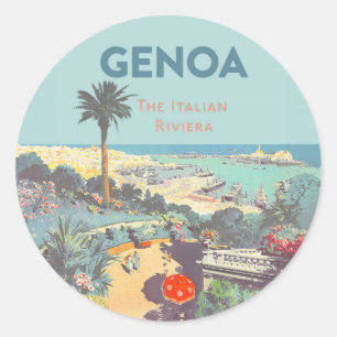 Sticker Rond Affiche de voyage vintage de Gênes, Riviera italie