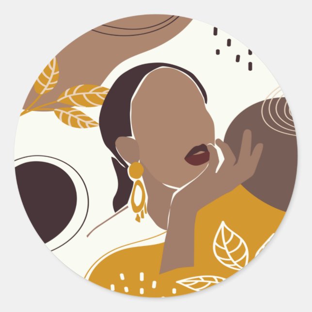 Sticker Rond African American Art, Leaf Girl Print, Black Woman (Devant)