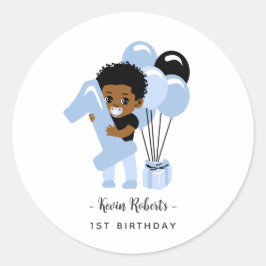 Sticker Rond African American Blue Baby Boy 1st Birthday