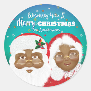 Sticker Rond African American Père Noël et Mme Claus Christma
