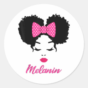 Sticker Rond Afro Diva Lèvres roses Bow Cravate Black Girl Magi
