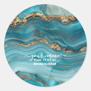 Sticker Rond Agate de Parties scintillant Turquoise et Or
