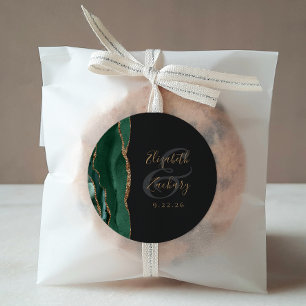 Sticker Rond Agate Geode Script Emerald Green Gold Dark Mariage