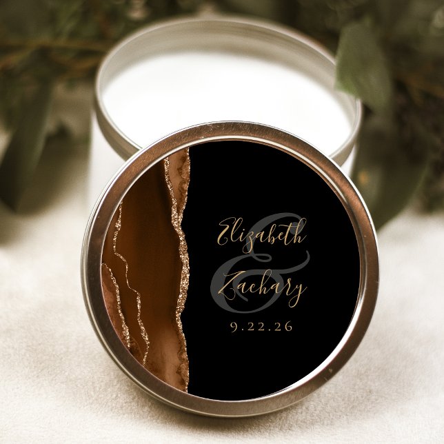 Sticker Rond Agate Geode Script Mocha Brown Gold Black Mariage (Créateur téléchargé)