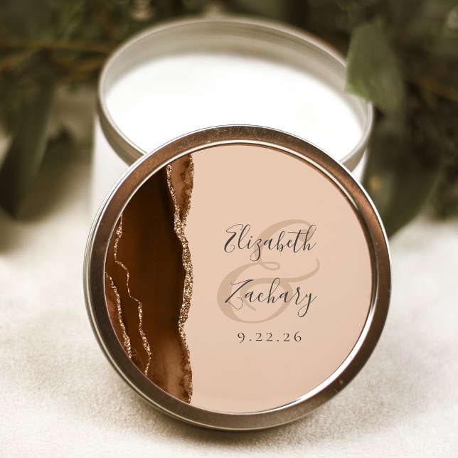 Sticker Rond Agate Géode Script Mocha Brown Gold Tan Mariage (Créateur téléchargé)