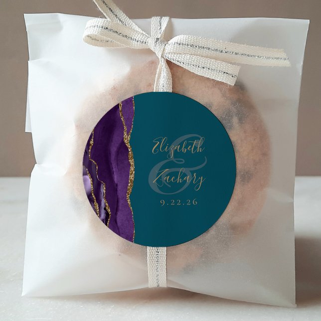 Sticker Rond Agate Geode Script Purple Gold Turquoise Mariage (Créateur téléchargé)