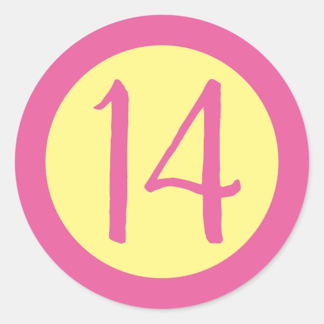 Sticker Rond Age 14 Numéro Personnalisable Texte rose sur Jaune (Devant)
