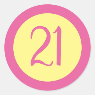 Sticker Rond Age 21 Numéro Personnalisable Texte rose sur Jaune