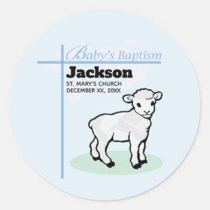 Sticker Rond Agneau de garçon bleu de baptême, personnalisabl