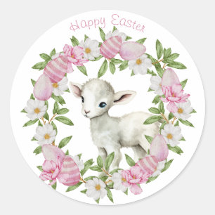Sticker Rond Agneau de Pâques personnalisé à l'aquarelle