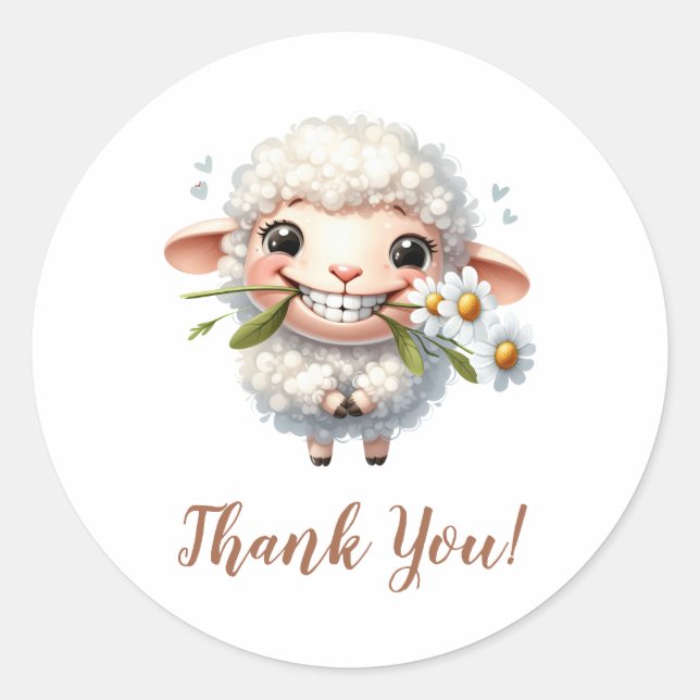 Sticker Rond Agneau doux aux fleurs - Merci (Devant)