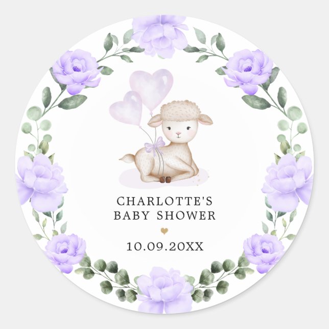 Sticker Rond Agneau mignon Mouton Mouton pourpre vert fleuri Wr (Devant)