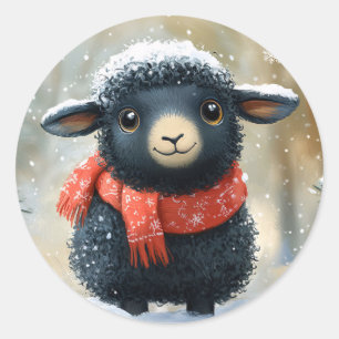 Sticker Rond Agneau Noir Adorable Avec Écharpe Rouge