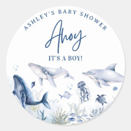 Sticker Rond Ahoy ! C’est un garçon, sous le Baby shower Sea Bo