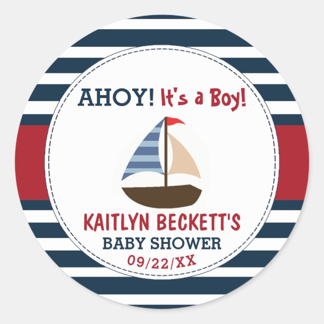 Sticker Rond Ahoy C'est un garçon ! Baby shower nautique (Devant)
