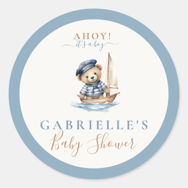 Sticker Rond Ahoy c'est un garçon ! Baby shower nautique minima (Devant)