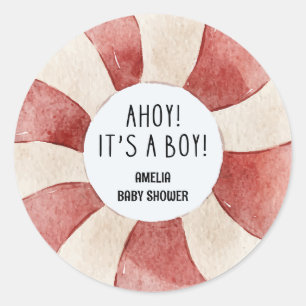 Sticker Rond Ahoy c'est un garçon bleu baby shower de voilier M