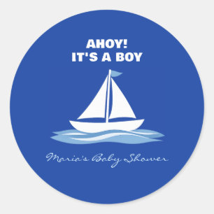 Sticker Rond Ahoy C'est un Garçon ! Fête Bébé Bateau Bleu Nauti