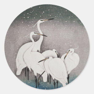Sticker Rond Aigrettes japonaises Grues Oiseau Hiver Neige Art