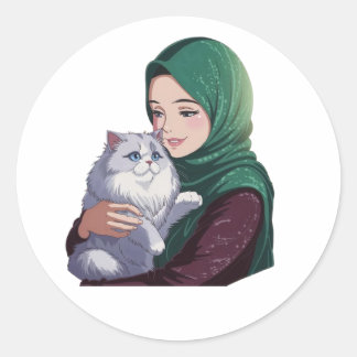 Sticker Rond Aiguë fille serrer dans ses bras chat mignon