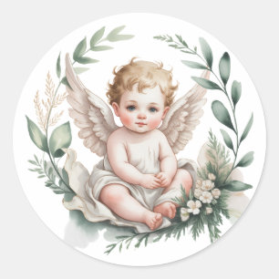 Sticker Rond Ailes d'ange à l'aquarelle Baptême 