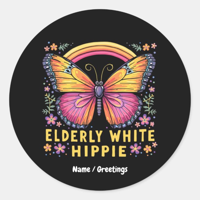 Sticker Rond Aîné Blanc Hippie Drôle Citation Humour Rétro (Devant)