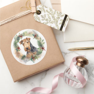 Sticker Rond Airedale Christmas Wreath Festive Pup