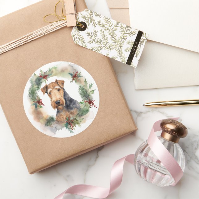 Sticker Rond Airedale Christmas Wreath Festive Pup (Cadeaux)