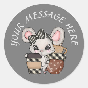 Sticker Rond Ajouter un message à la souris de café mignon
