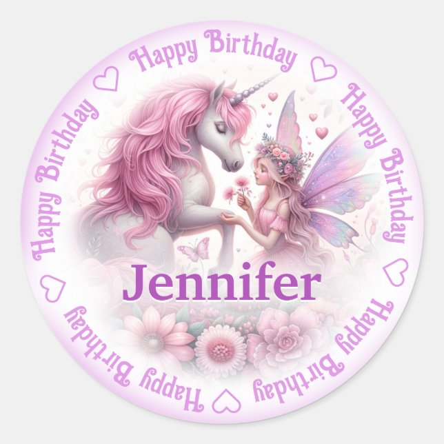 Sticker Rond Ajouter un nom Joyeux anniversaire Fairy & Unicorn (Devant)