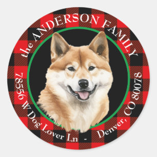 Sticker Rond Akita Inu Dog Buffalo Plaid Adresse de retour