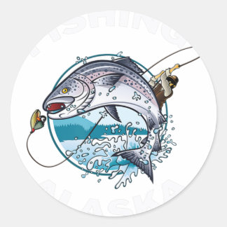 Sticker Rond Alaskan Fish Alaska's Wild Saumon Souvenir Pêche